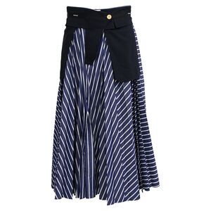Sacai Button-Yoke Striped Pleated Midi Skirt in Navy Blue Cotton